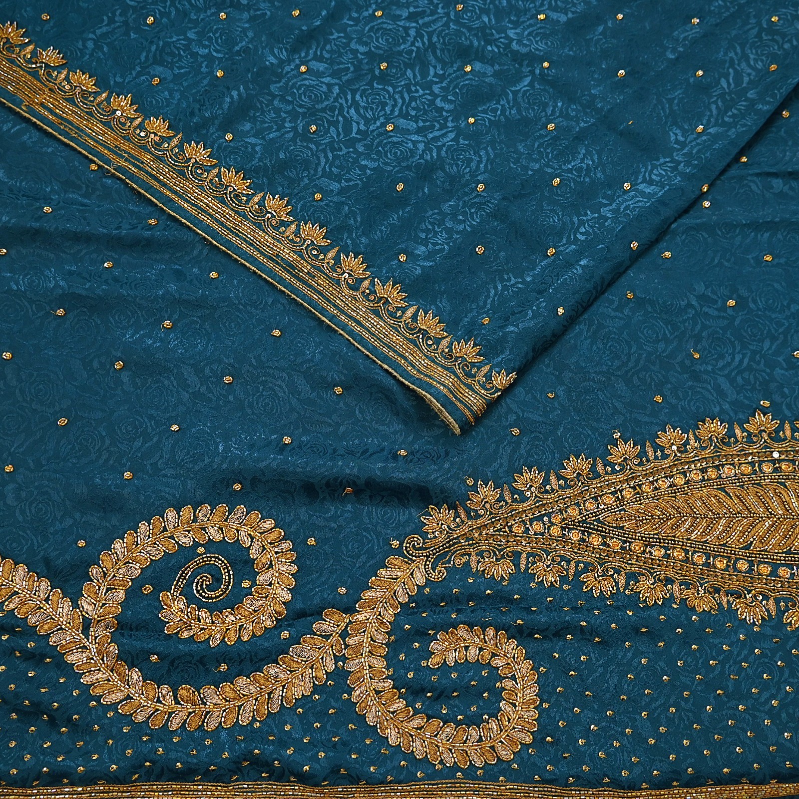 Indian Vintage Heavy Sari Teal Blue Pure Crepe Silk Hand Embroidered Sarees 6yd