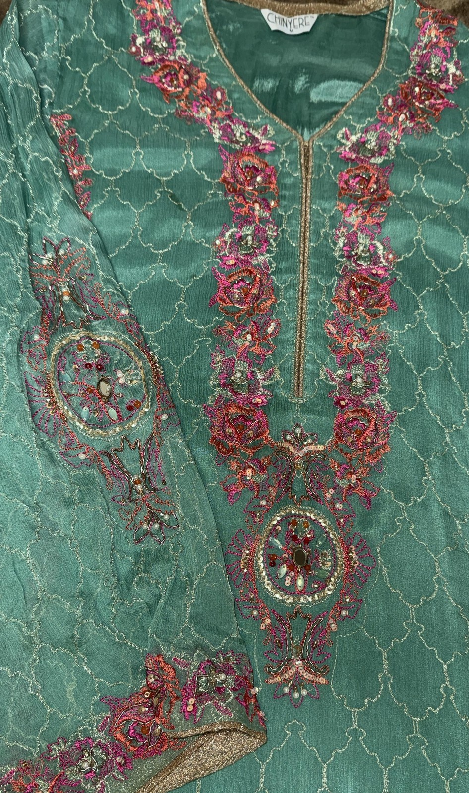 Teal Chinyere Shirt with Pink and Gold Embroidery with Straight Pants and