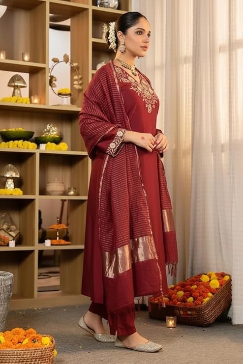 Women Maroon Plus Size Embroidered Indian Silk New Kurta Top Trousers & Dupatta