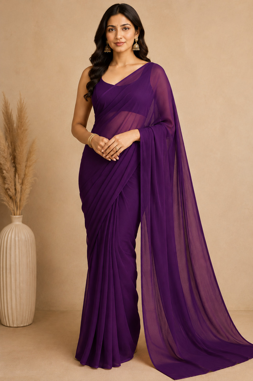 Violet Chiffon Saree | Pre-Stitched Blouse | Lightweight Party Wear