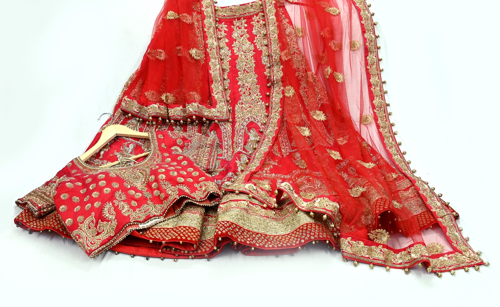 Indian Wedding Red Net/Satin Silk Hand Embroidered Designer Lehenga 3pcs set