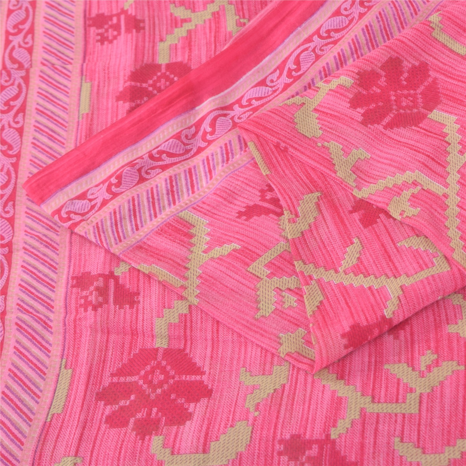 Sanskriti Vintage Sarees Pink Pure Cotton Floral Printed Sari 5+Yd Craft Fabric