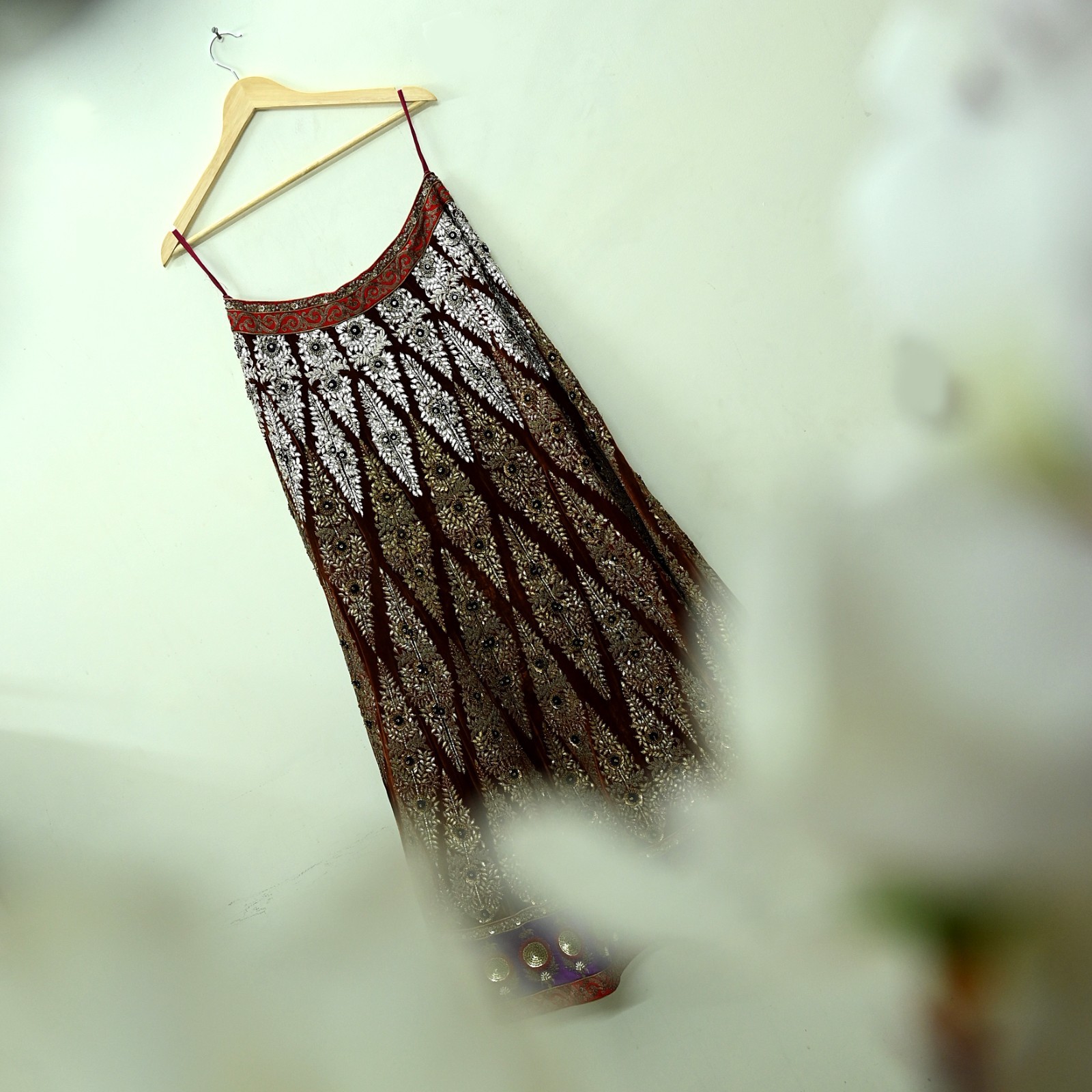 Indian Vintage Heavy Brown Velvet Hand Embroidered Brocade Designer Skirt