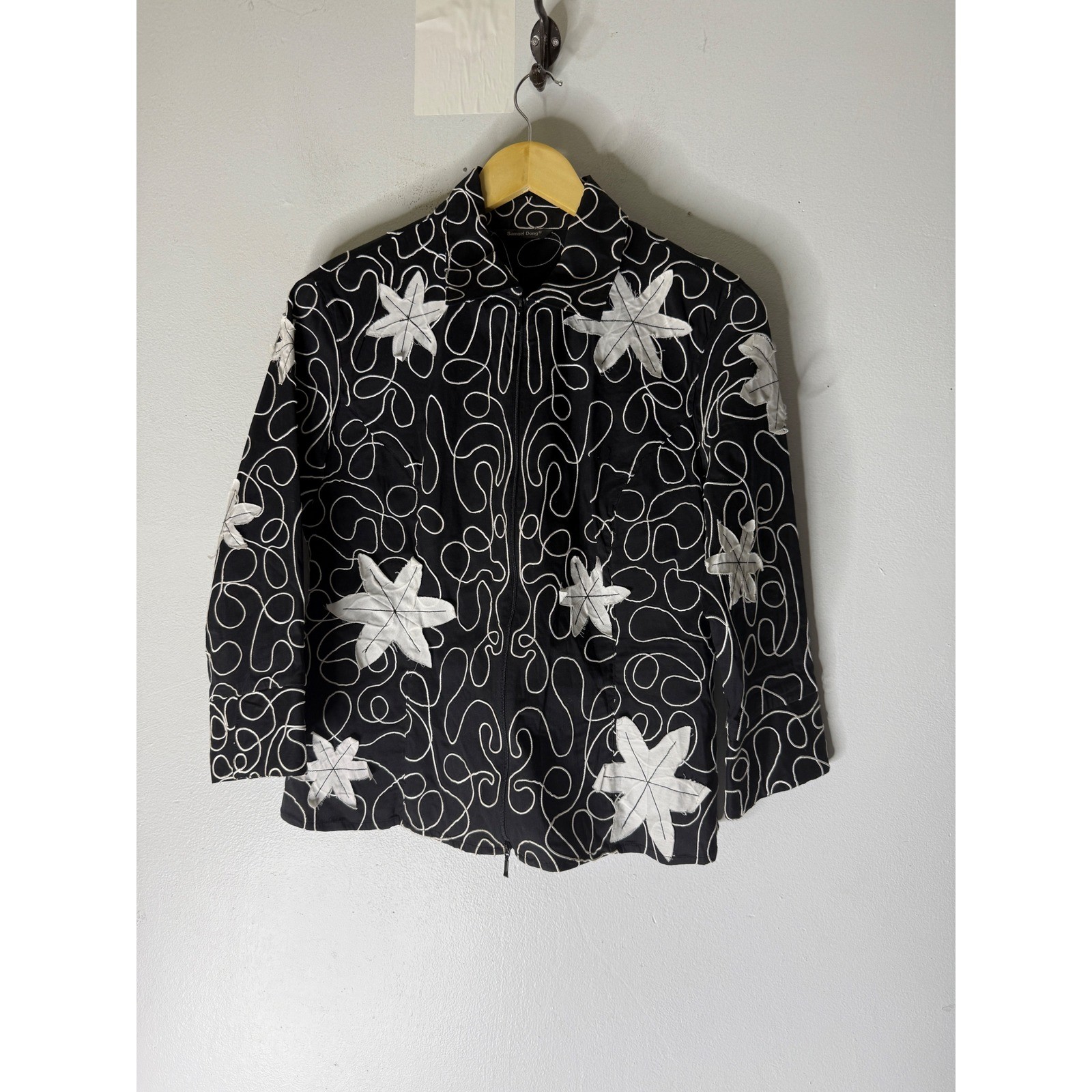 Samuel Dong Full Dual Zip Jacket Black White Embroidered Applique Cotton size M
