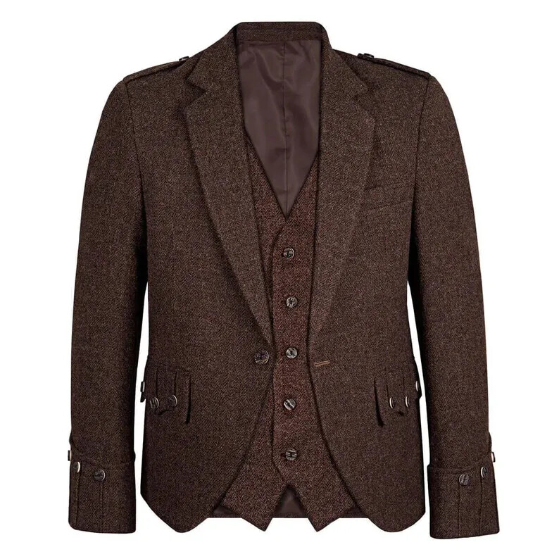 New Brown Tweed Argyle Kilt Jacket With Vest Scottish Wedding Wool Argyll Jacket