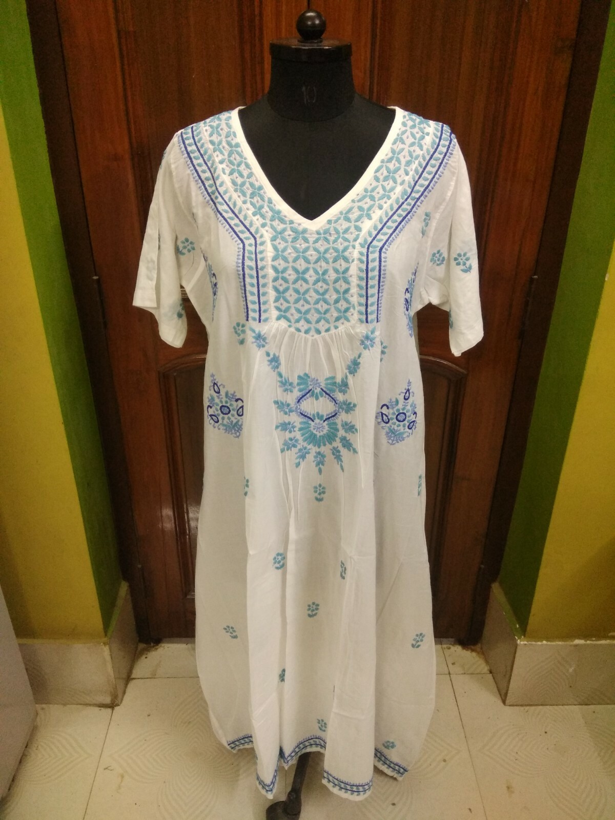 CHIKAN EMBROIDERY 2XL 47″ KURTI 100% COTTON HANDMADE ETHNIC LONG MAXI TOP