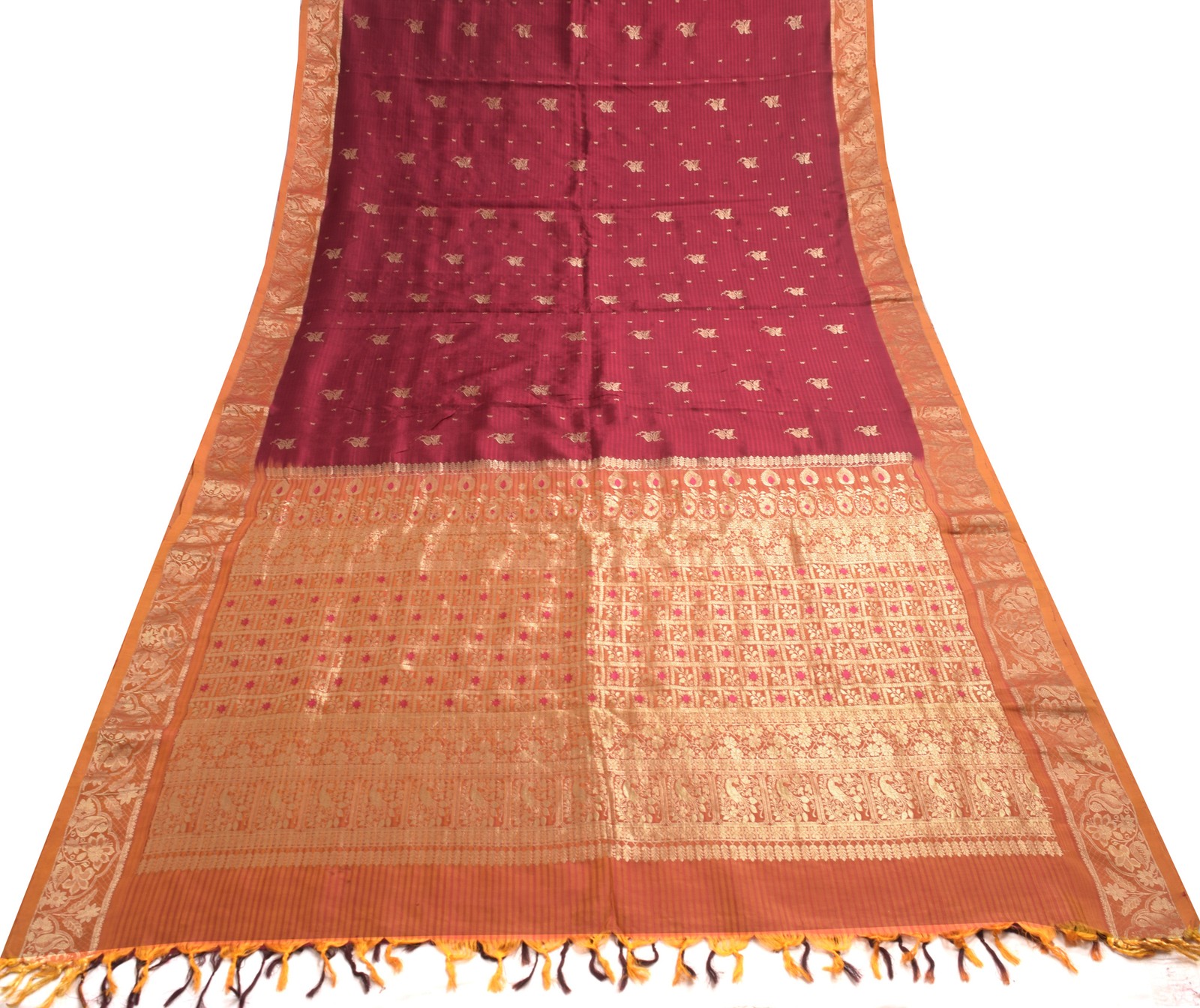 Sushila Vintage Maroon & Mustard Saree 100% Pure Silk Floral Woven Sari Fabric