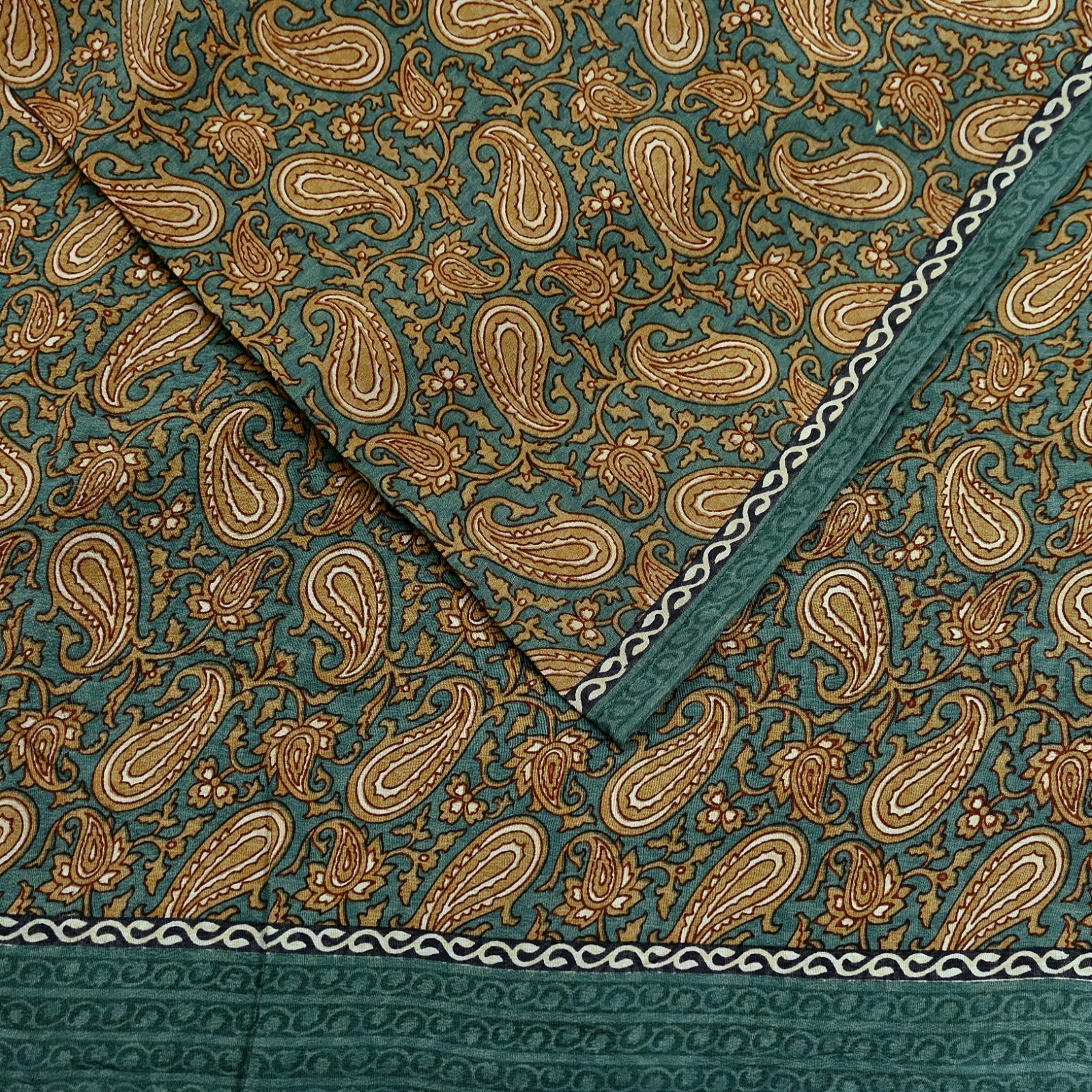 Vintage Sari Green & Beige Pure Crepe Silk Printed Sarees 5yd Sewing Soft Fabric