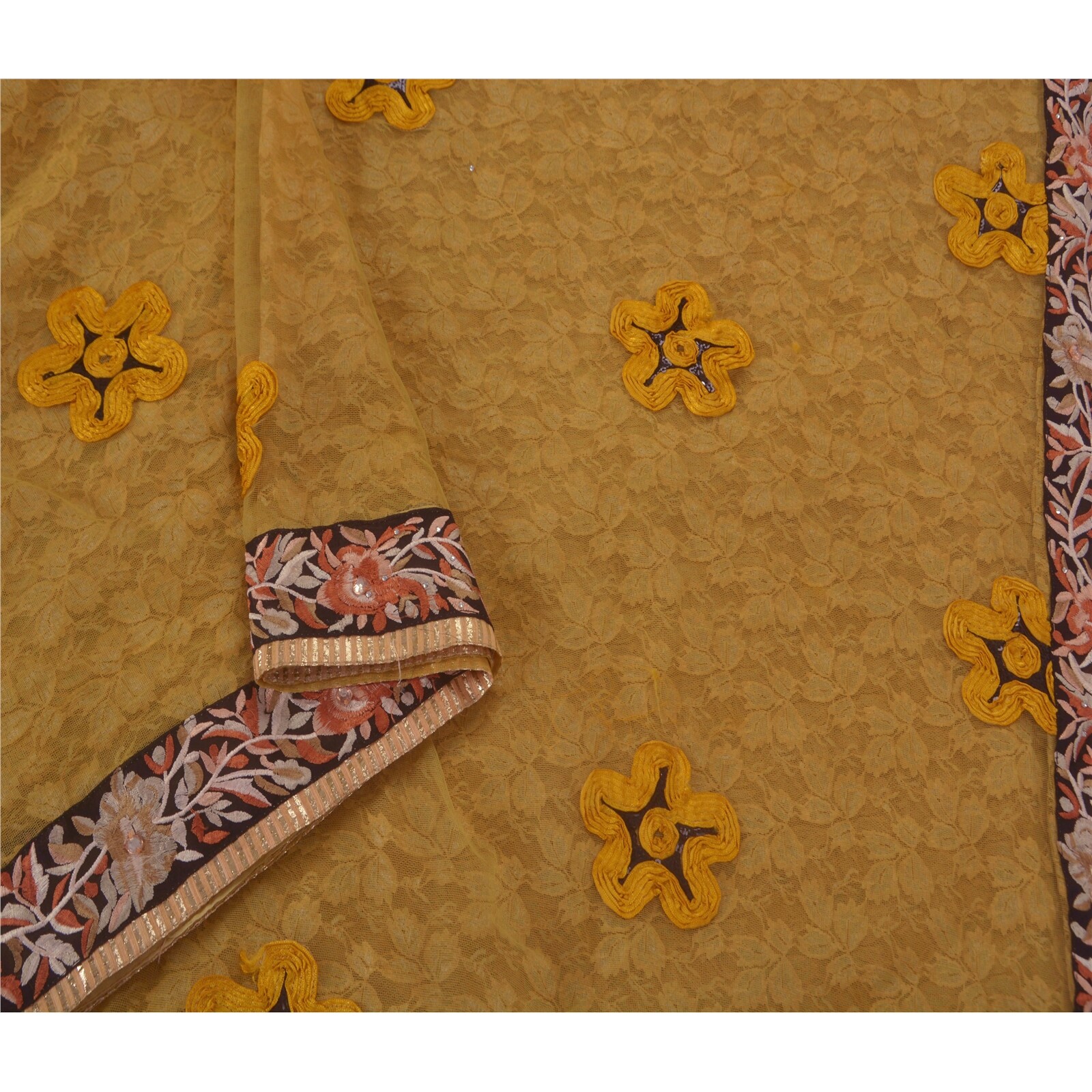 Sanskriti Vintage Yellow Sarees Net Mesh Hand Beaded Craft Fabric Premium Sari