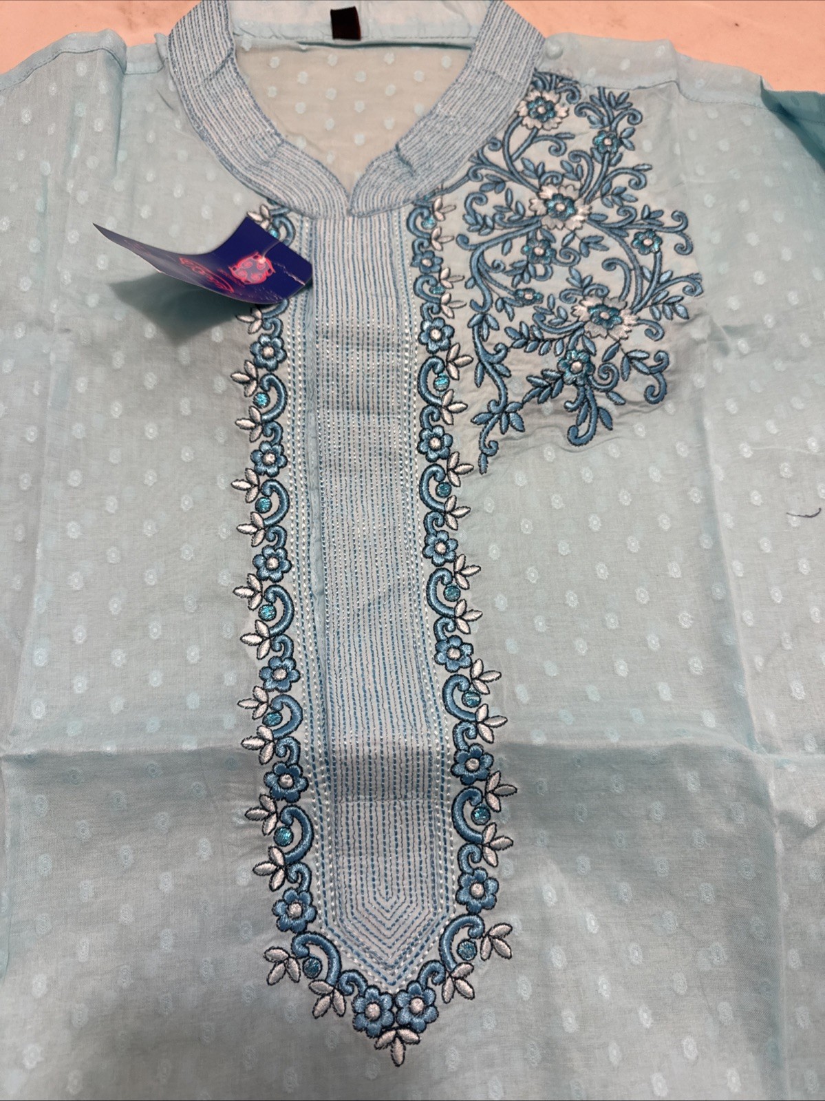 Addition Men’s Embroidered Kurta Sky Blue Floral Tunic Shirt Size 44 New