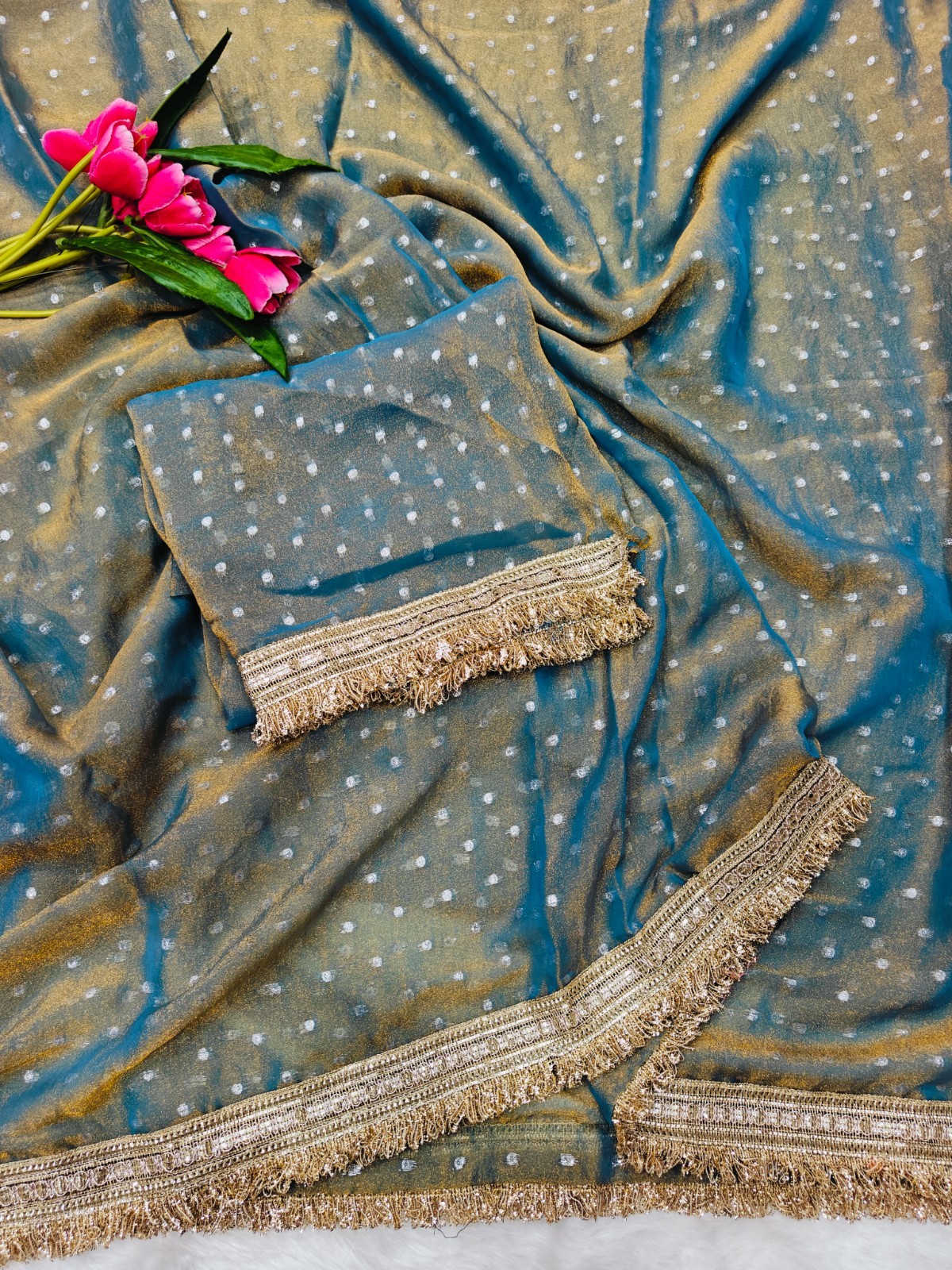 Shimmer Organza Silk Saree Heavy Golden Fringe Border Party Wear Sari Women Silk