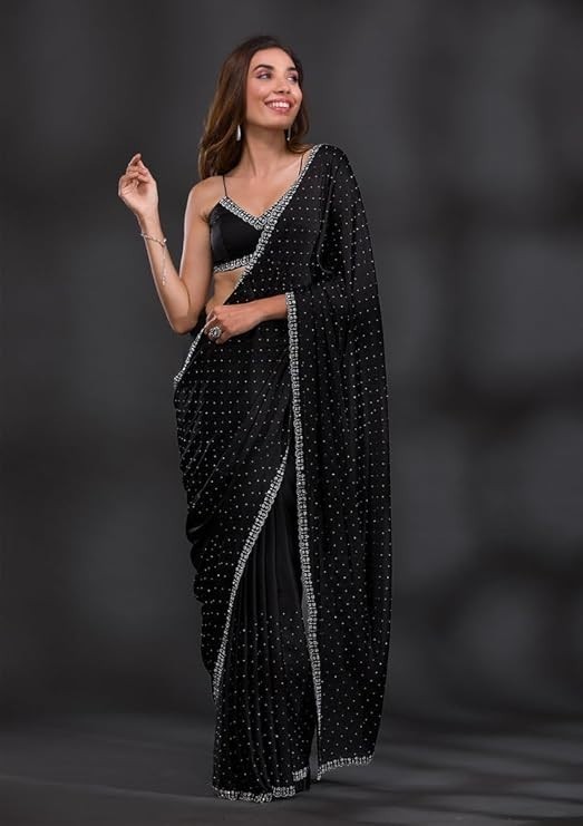 Indian Bollywood Designer Satin Saree Embellished Traditional Wedding Wear Sari