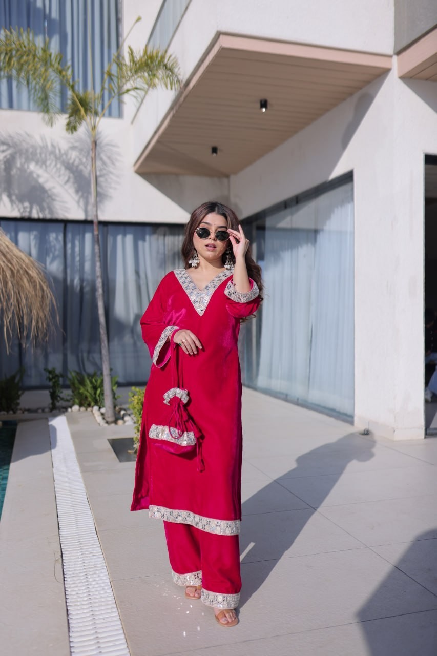 ReadytoWear Velvet Kurti Pant Set | Eid Party Outfit Zari Mirror | S M L XL XXL