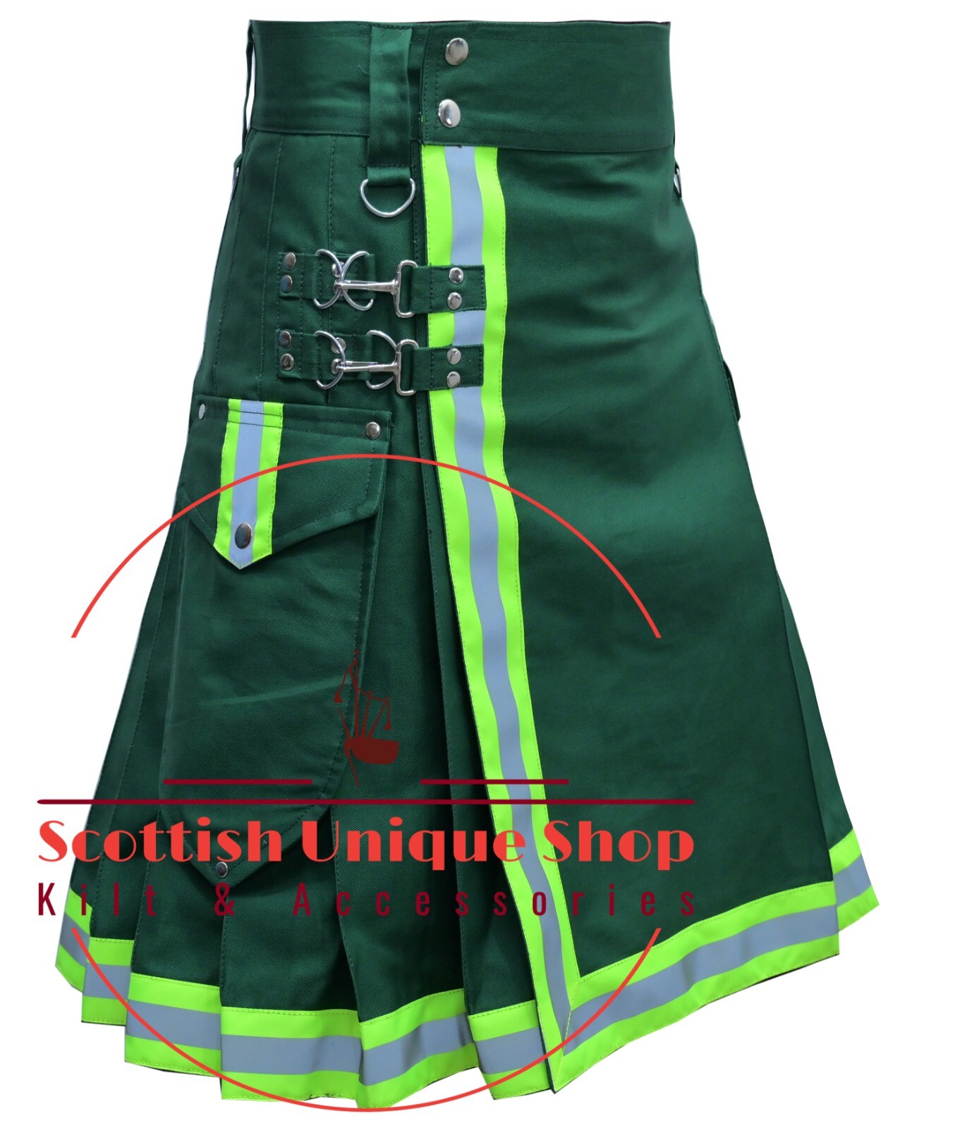Scottish Handmade Firefighter Utility Kilt solid Green Hybrid Kilt For Men’s