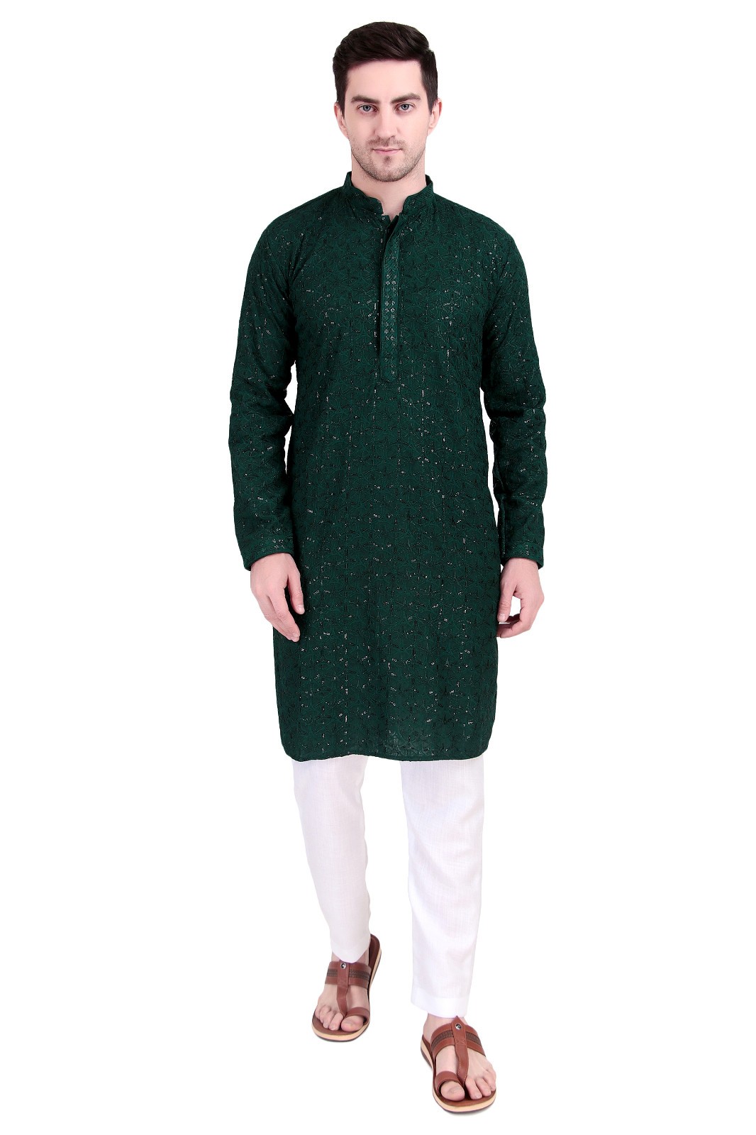 Sequin Embroidered Kurta Pyjama Set Cotton Blend Slim Fit Embellished for Men’s