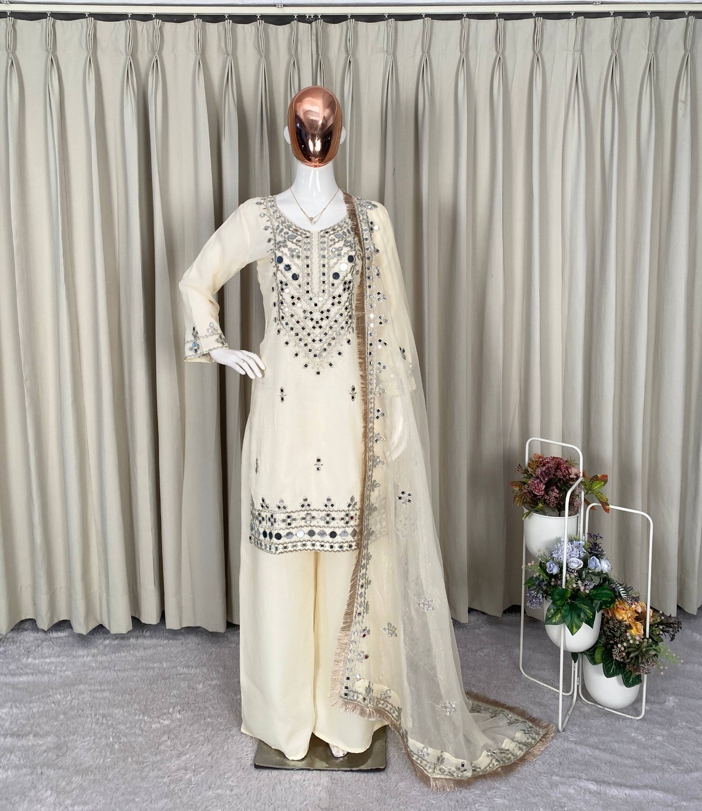 Women Georgette Mirror Work Kurti Palazzo Set with Dupatta Party Wear