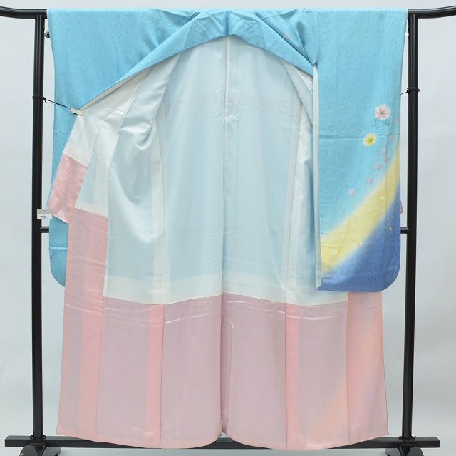 Vintage Kimono Furisode | Light Blue Silk Floral Pattern | Tall Size rr0298b