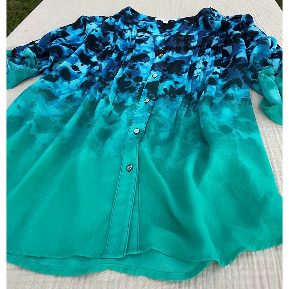 Watercolor Ombre Pattern Button Blouse Turquoise Navy Blue Beach Artsy Small Med