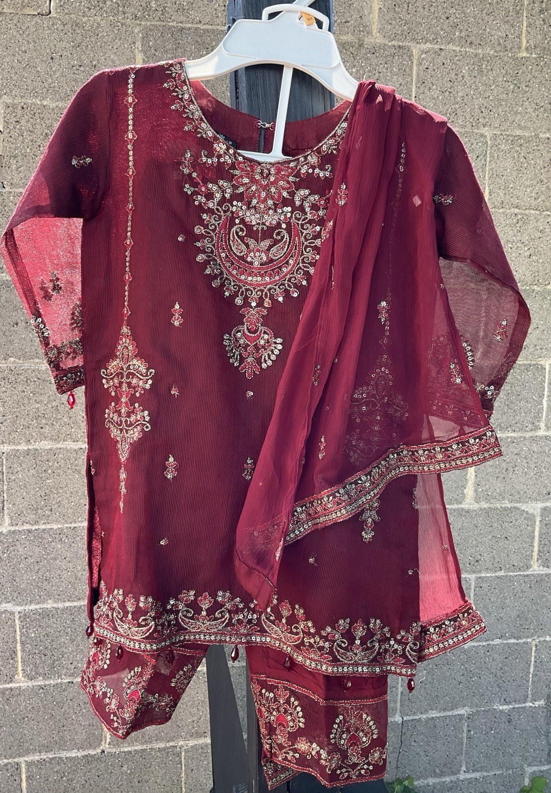 Pakistani Sha posh little girl 22 Red Embroidered Net Fabric Salwar Kameez Suit
