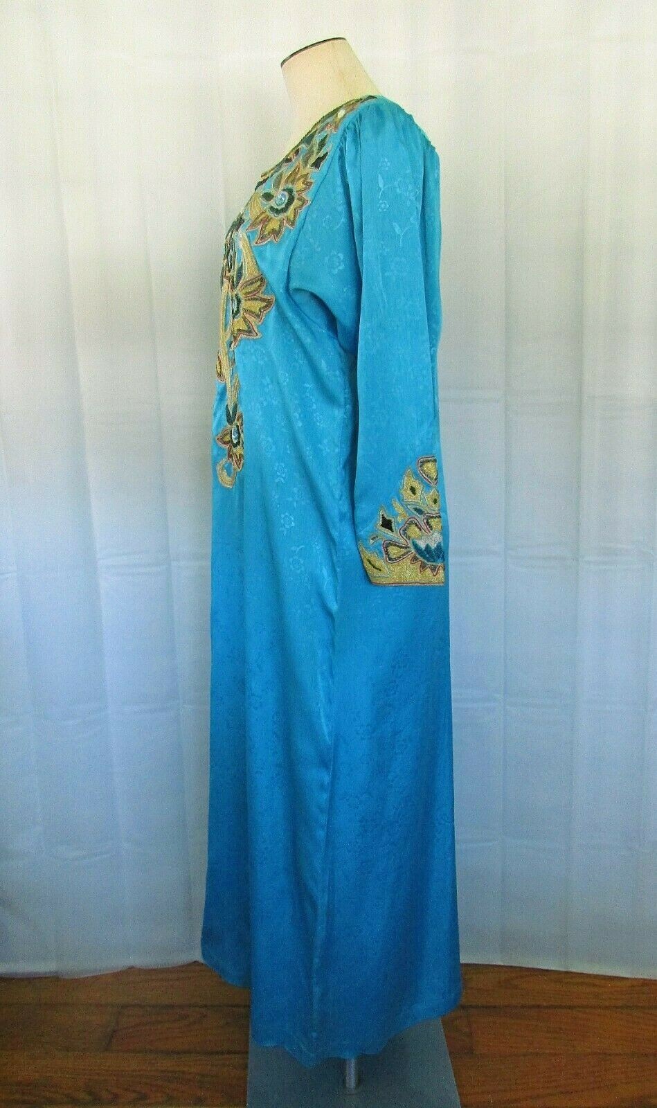 Vintage Caftan Robe Turquoise Blue Metallic Gold Silver Glam Kaftan L XL Maxi