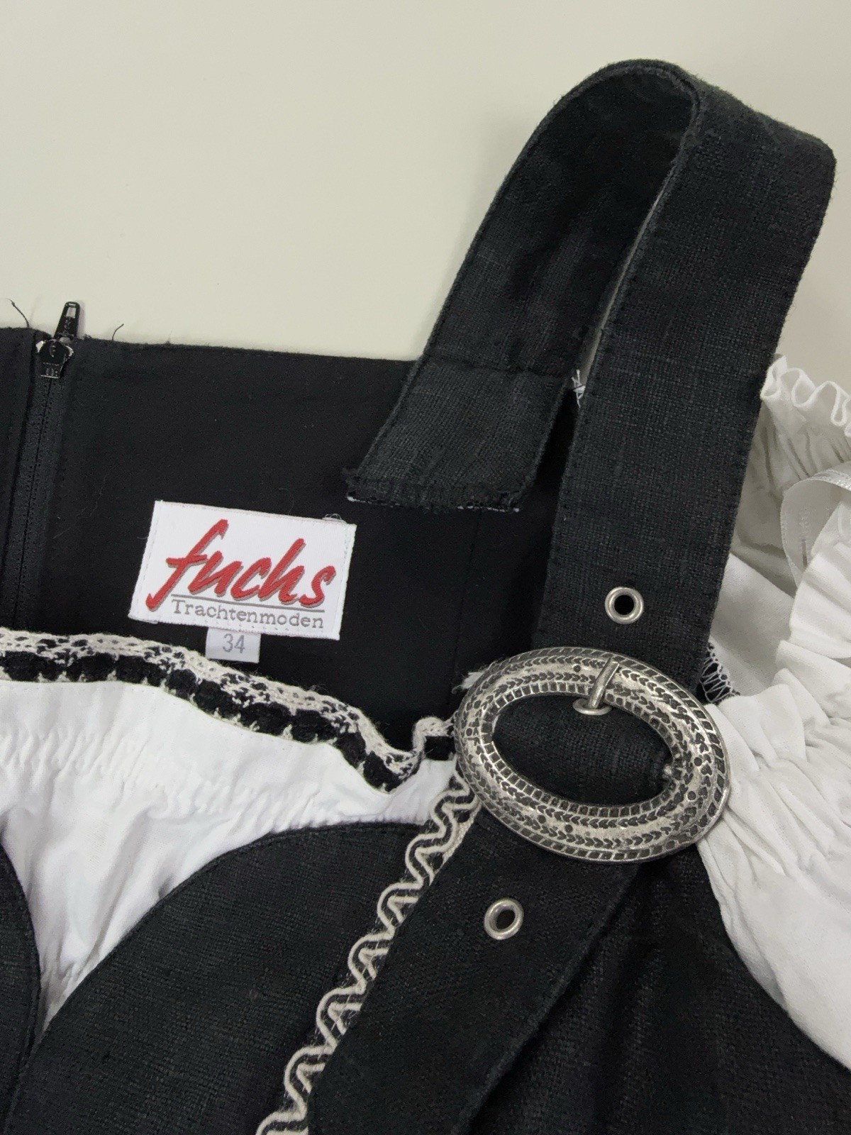 Fuchs Trachtenmoden Octoberfest Folk Linen Dirndl Dress Black Beige Lace 34/XS