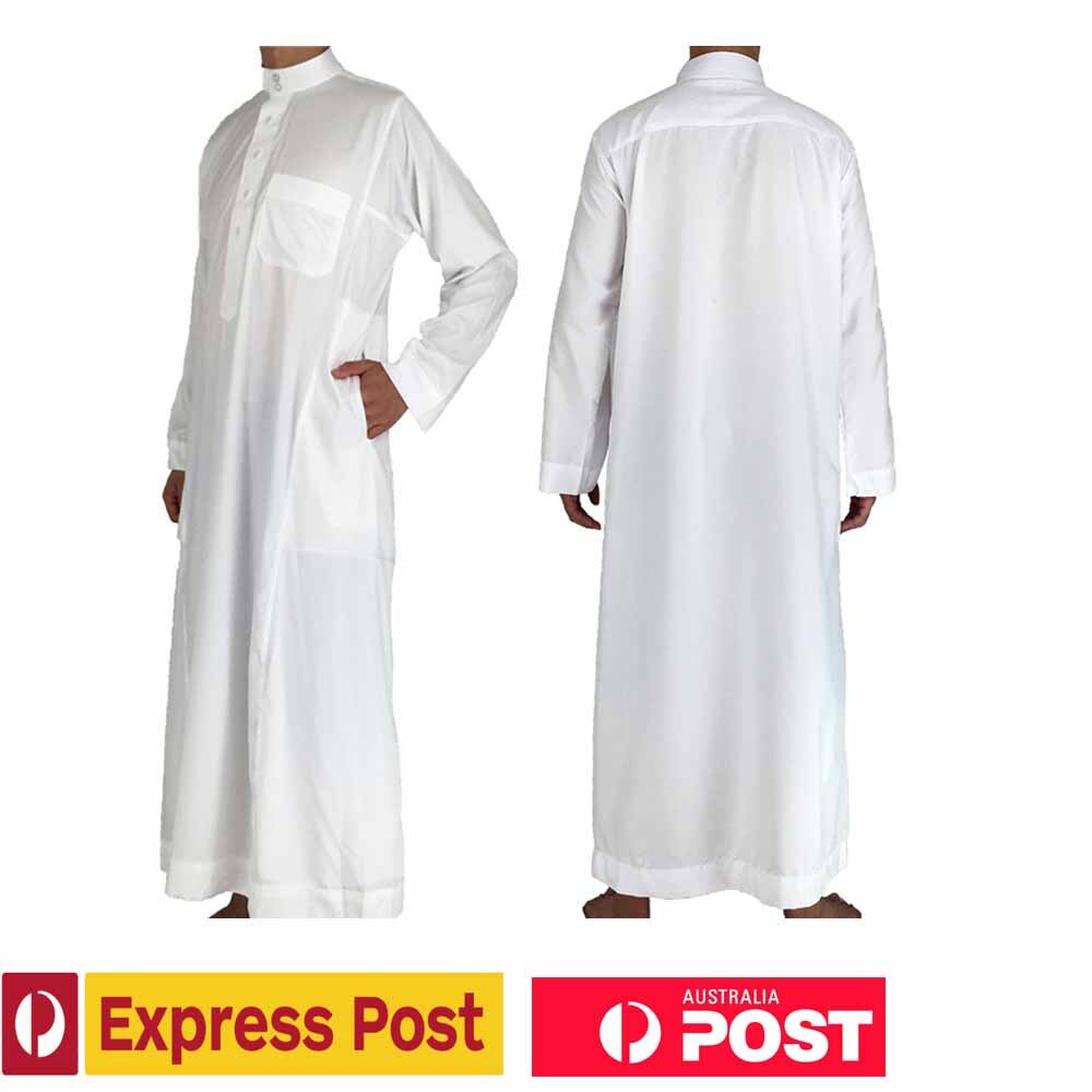 Mens Muslim Clothing Saudi Arab Long Sleeve Thobe Islamic Jubba Kaftan Long Robe