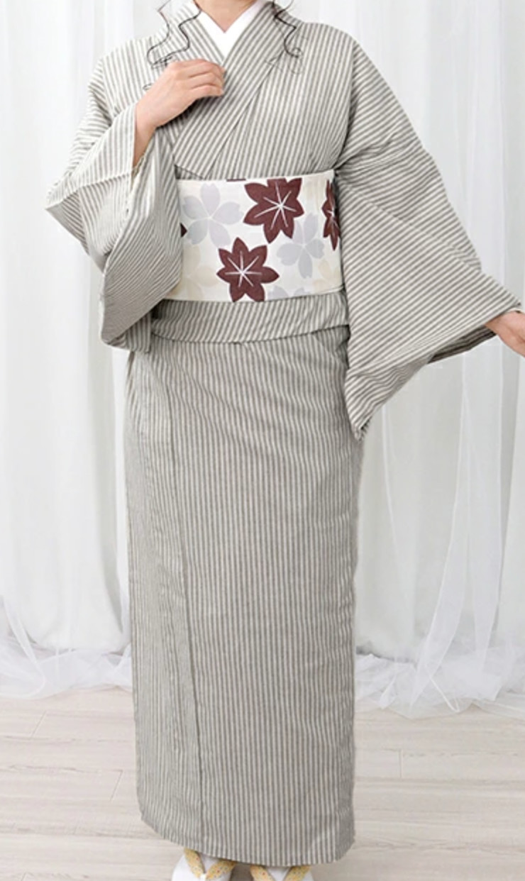 Japanese Women Traditional Kimono Hitoe Modern Retro Jacket Gray Stripe JAPAN