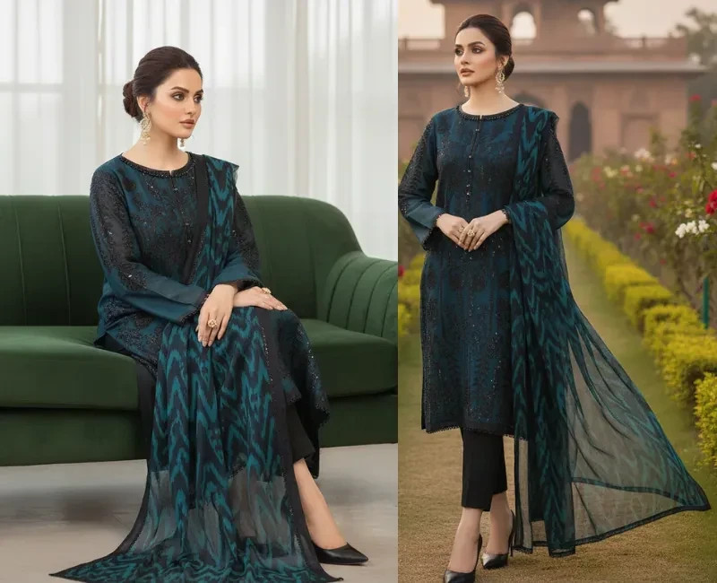 Teal Blue Embroidered Chiffon Suit 3 Piece Sequin Dupatta Dress