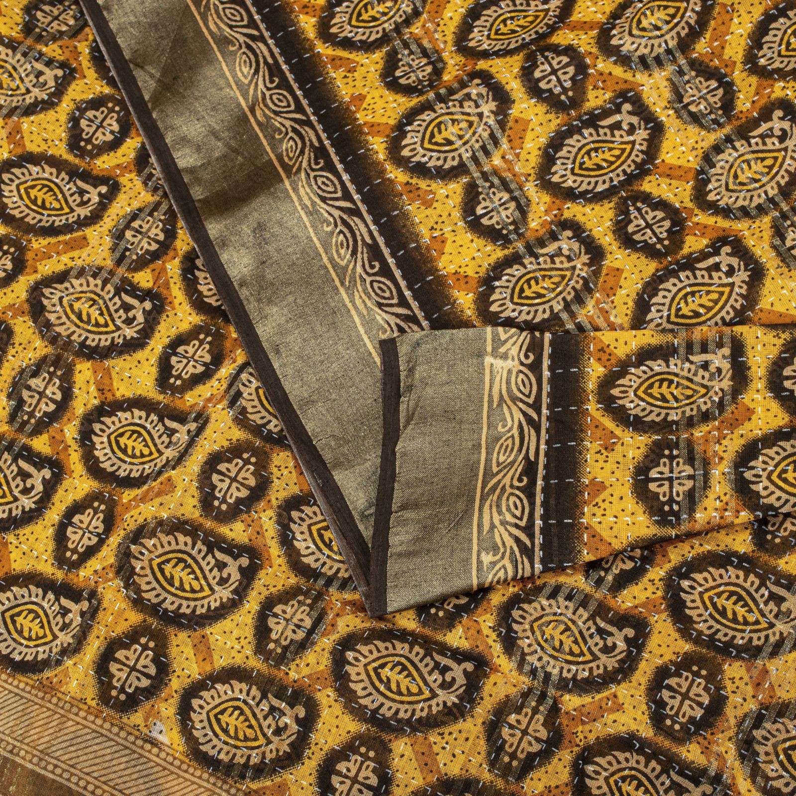 Sanskriti Vintage Saree Yellow Pure Cotton Paisley Kantha Print Sari 5+Yd Fabric