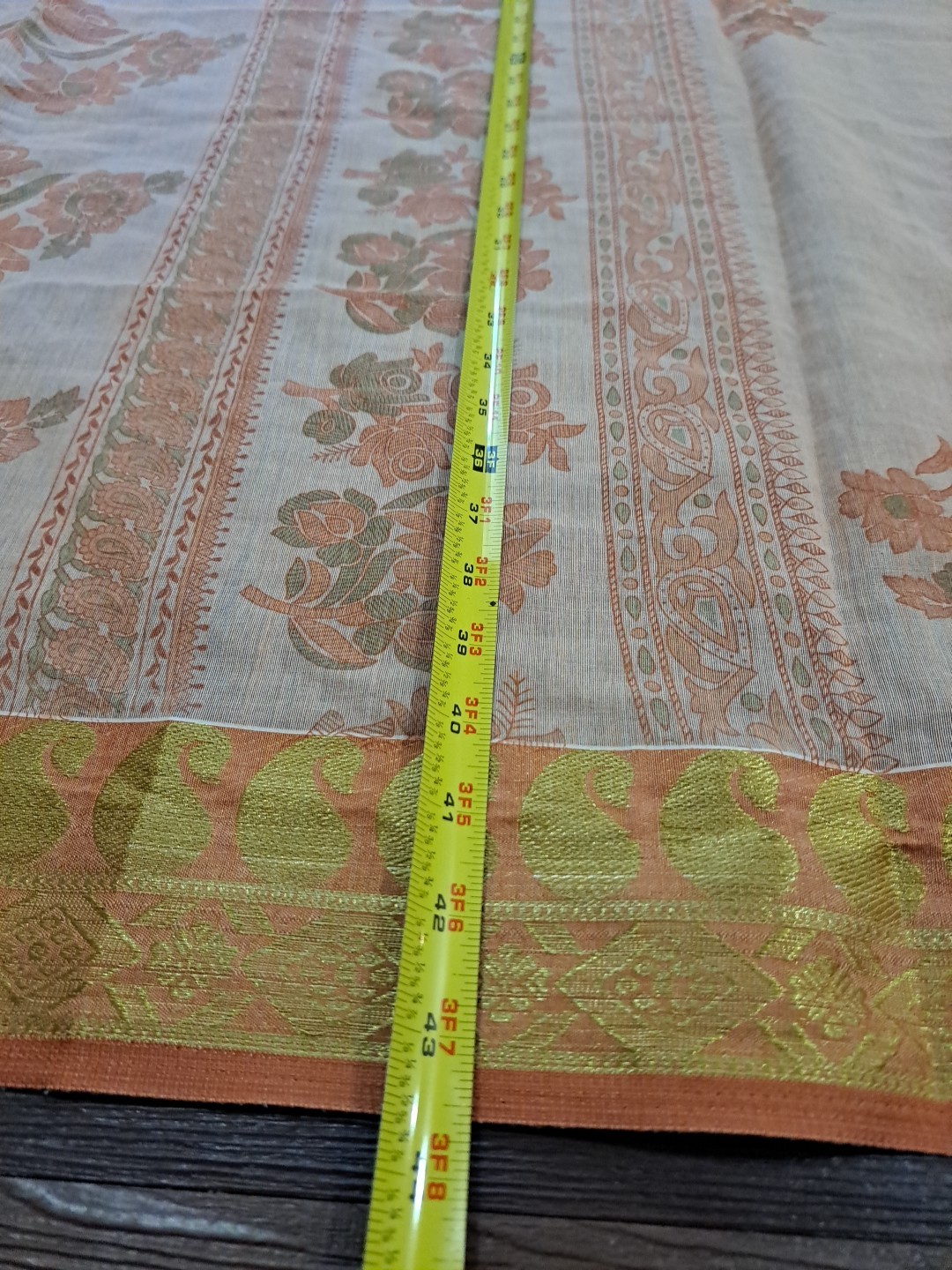 Womens Indian Saree Peach Color Floral With Gold Accents Aprox 19 Feet Long