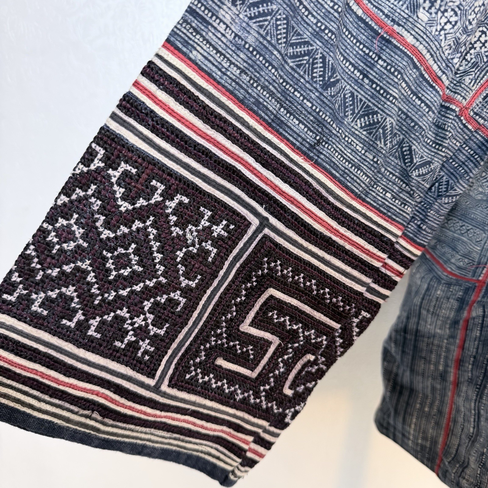 Vintage Hmong Handwoven Ethnic Jacket XL Blue Indigo Geometric Tribal Pattern