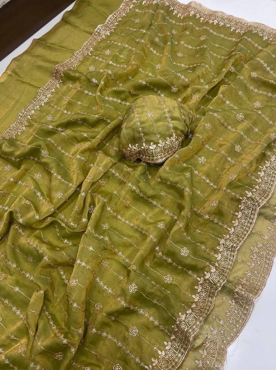 NC Moss Gold Shine Saree Designer Multi Sequence Embroidery Work Running Blouse