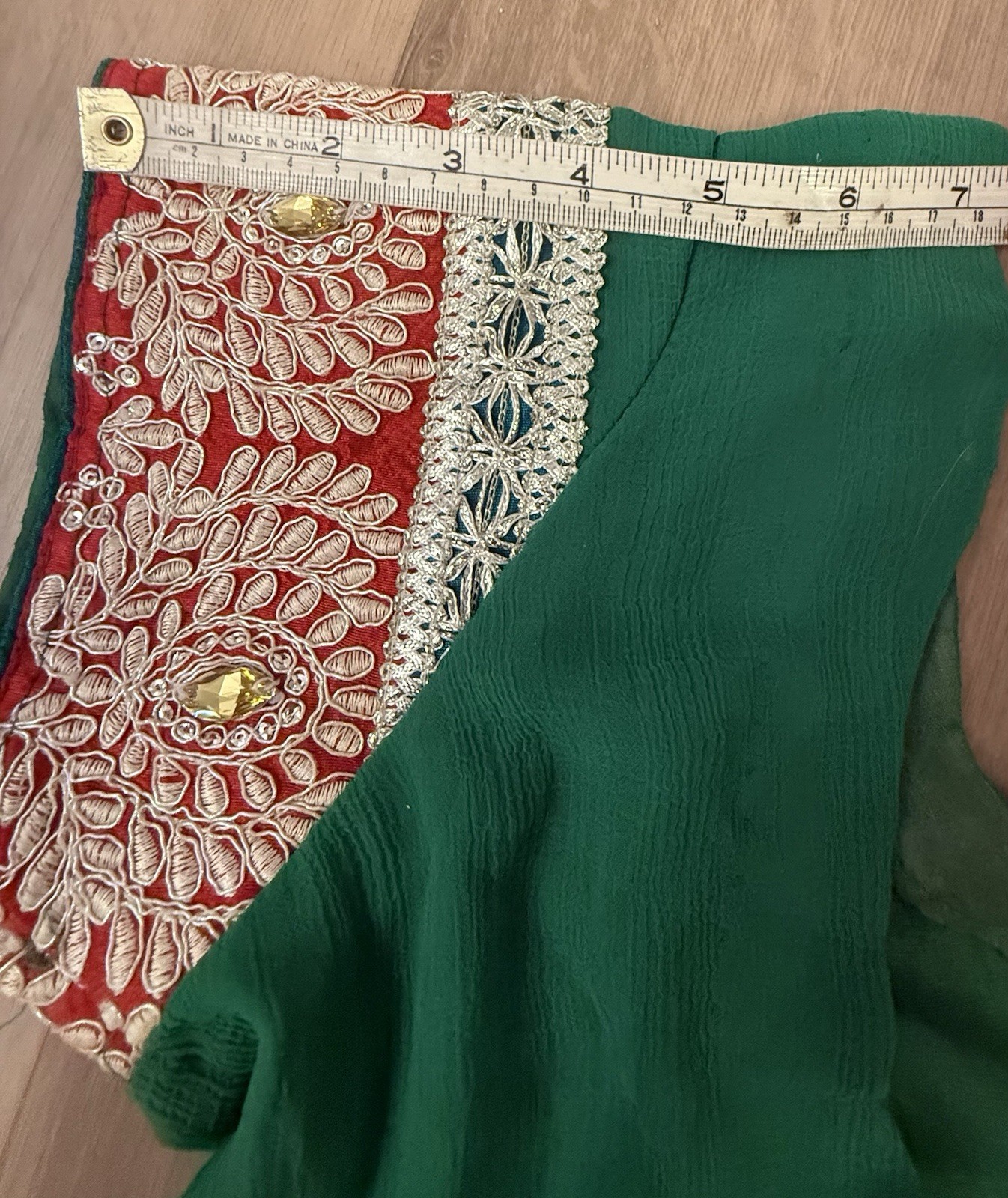 Handmade HEAVYWORK Green Red Embroidery Wedding Saree Sari Dupatta 2 Piece As Is