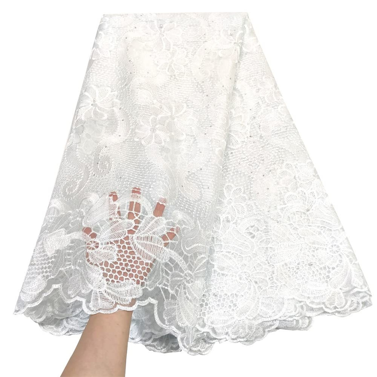 LadyQ African Cord Lace Fabrics Stones French Wedding African White Lace Fabr…