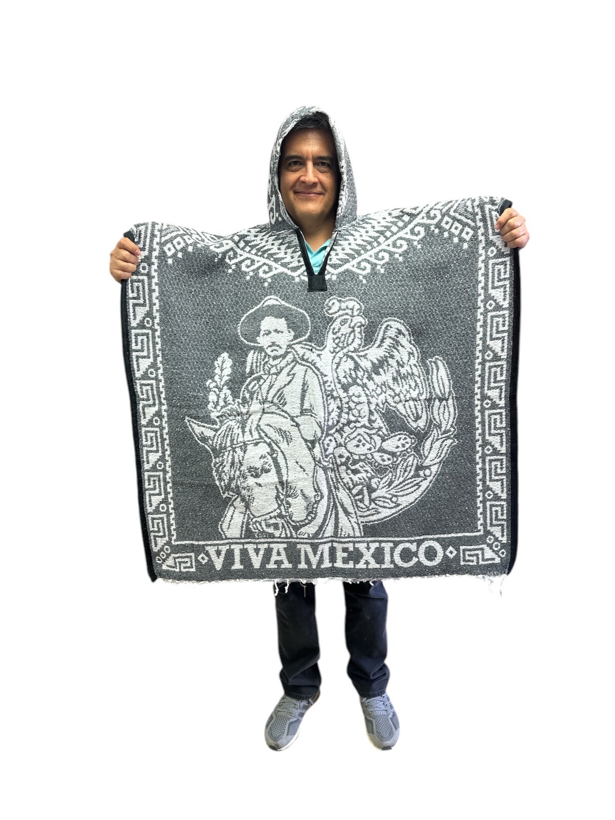 MEXICAN PONCHO WITH HOOD, VIVA MEXICO , VILLA Y ZAPATA , ONE SIZE, GRAY