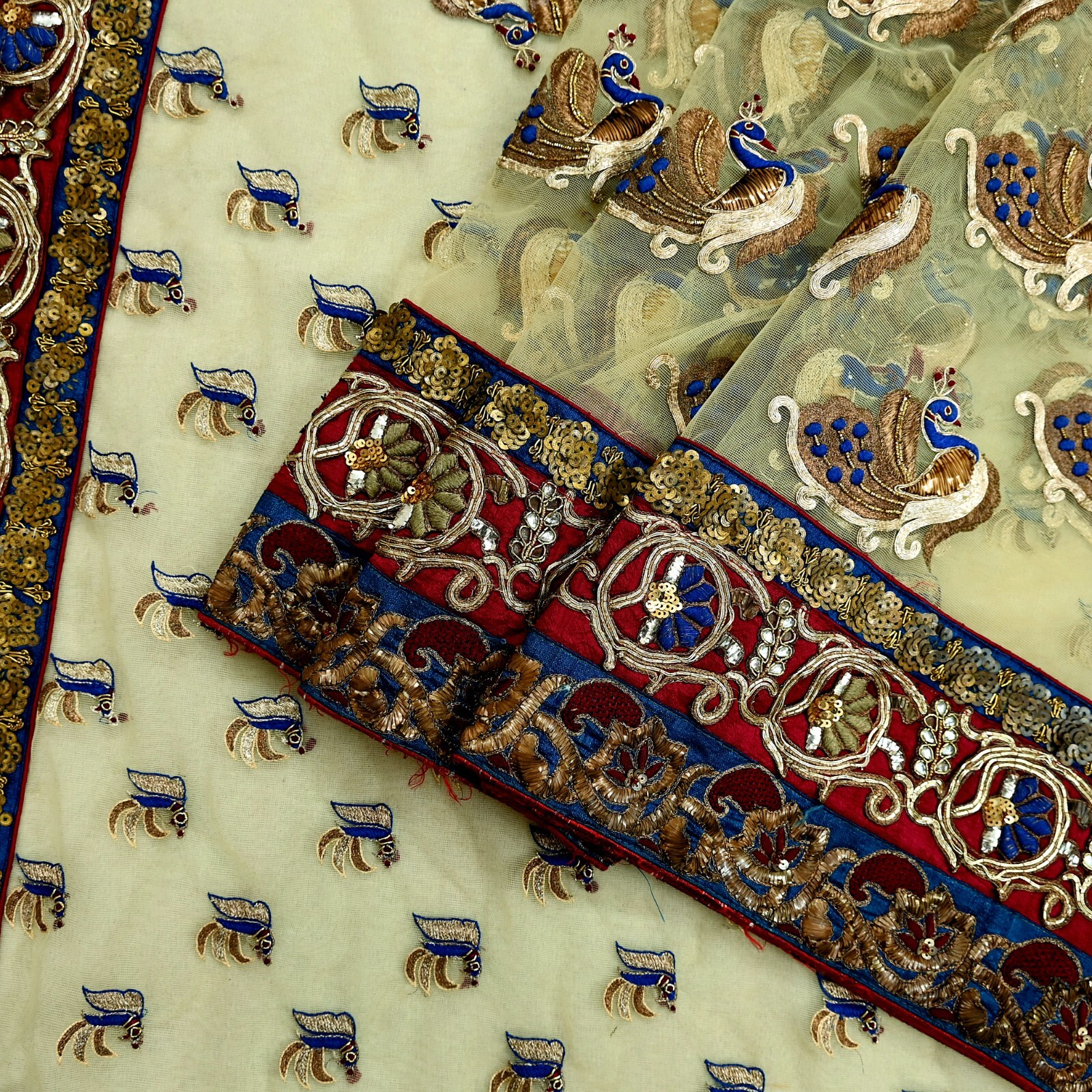 Indian Pre-owned Sari Ivory Net Hand Embroidered Anamika Khanna Designer Sarees