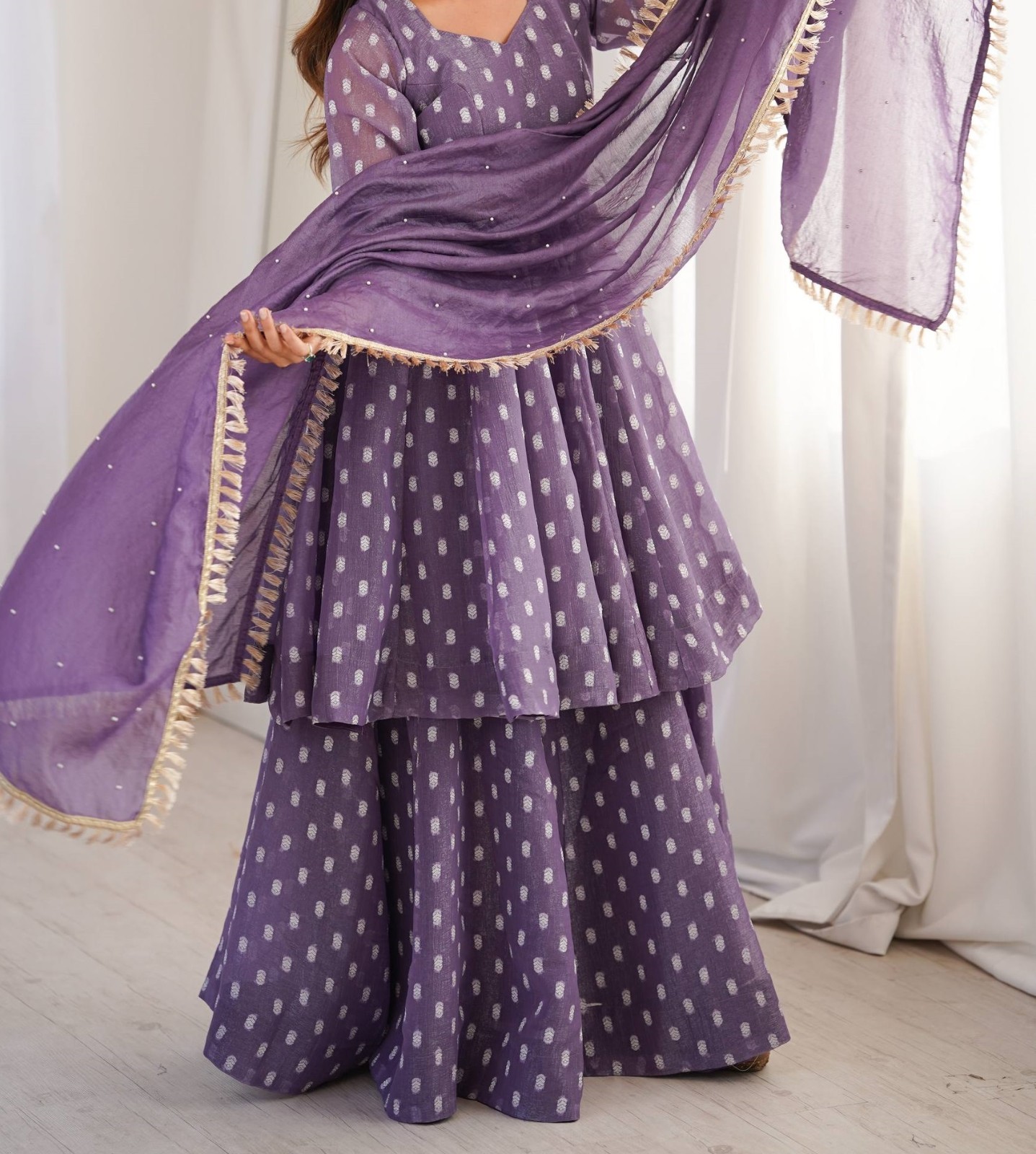 Latest Heavy Crunchy Silk Purple Top Palazzo With Dupatta For Ethnic Wear