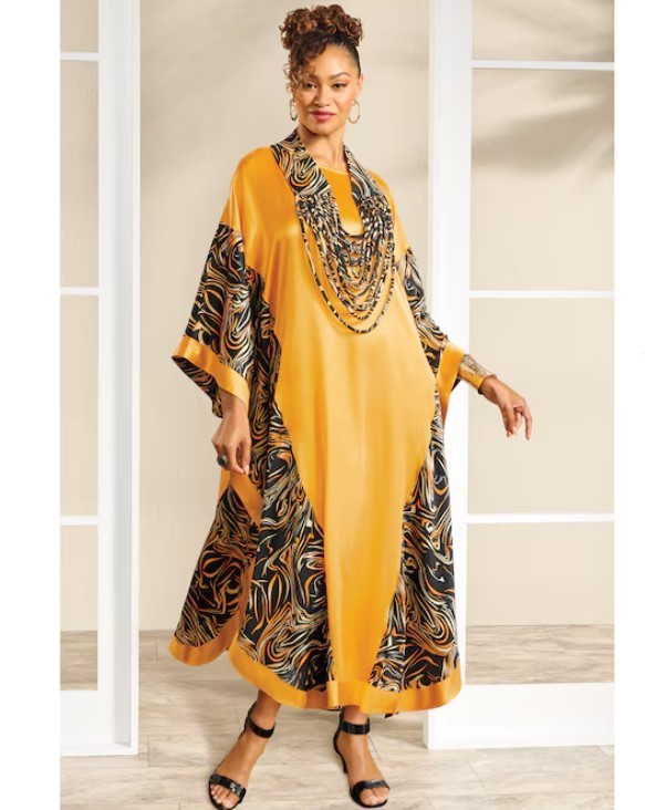 OSFM Ashro Amahle Ethnic Satin Elegance Caftan W/ Rope Necklace Gold Multi Set