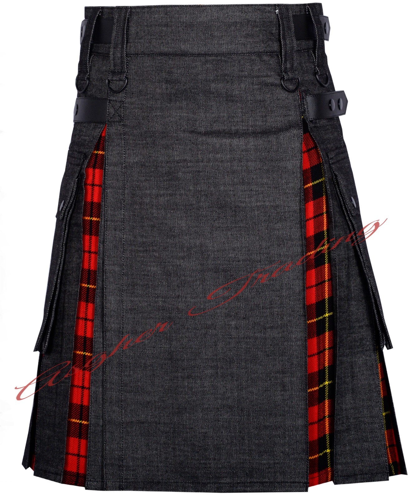 Handmade Scottish Black Denim & Wallace Tartan Hybrid Utility Kilt Made to Order