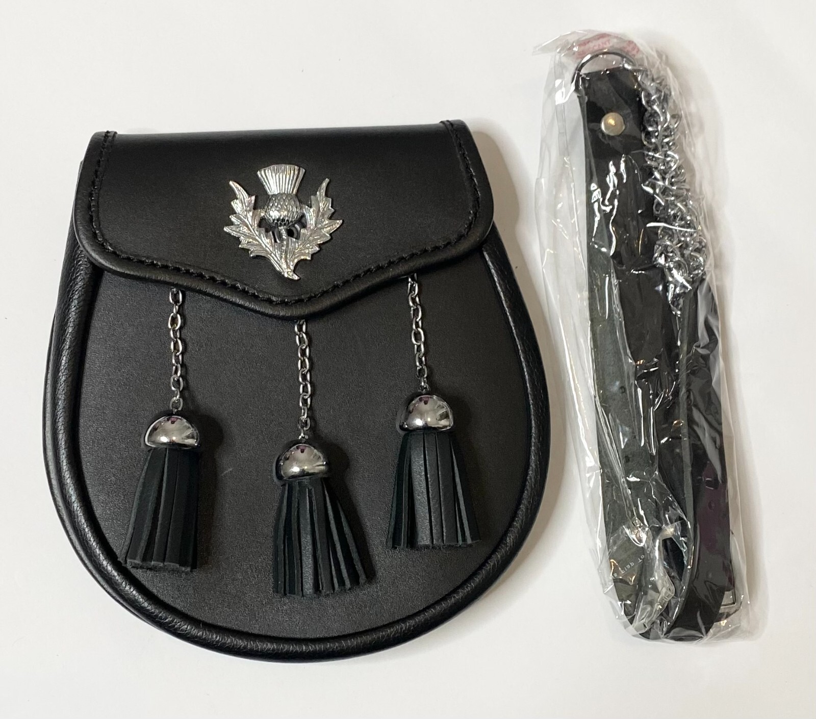 Semi-Dress Black Embossed 100% Chrome Leather Sporran with 3 Tassels Chain Belt