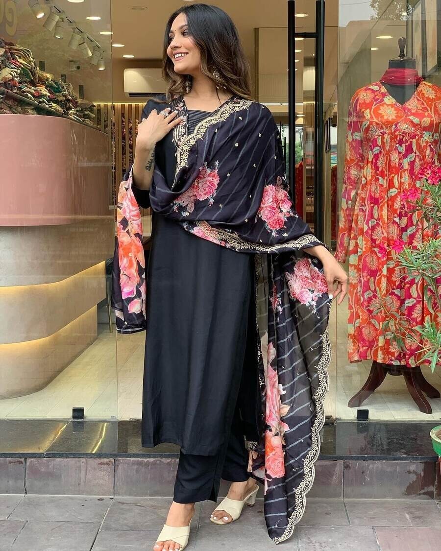 INDIAN CHANDERI SILK EMBROIDERY WORK TOP BOTTOM WITH PRINTED DUPATTA BLACK L