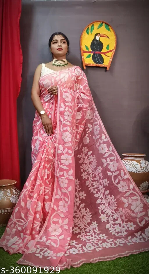 Indian Women Floral Design Soft Dhakai Jamdani Cotton Silk Saree Without Blouse
