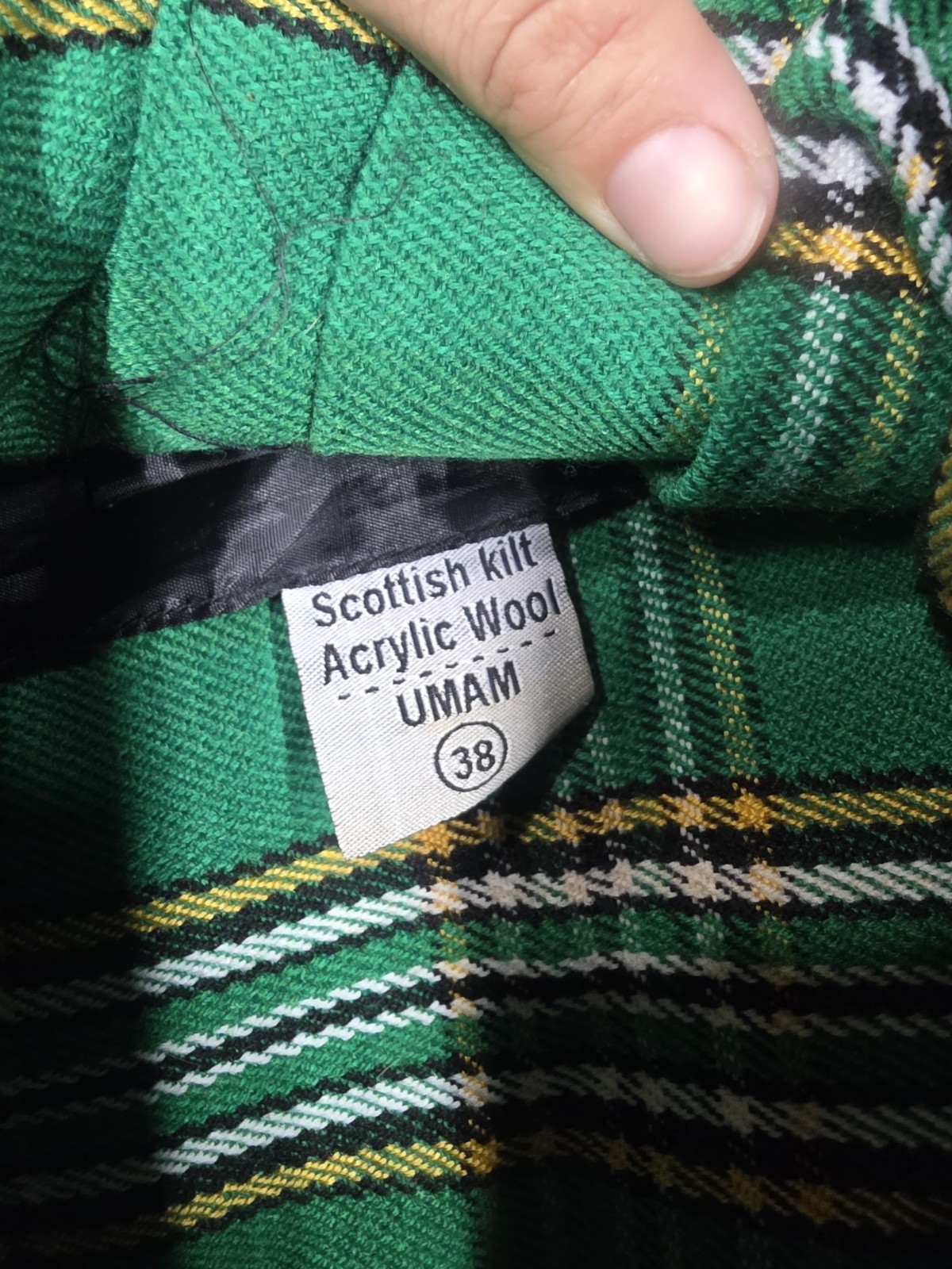 Mens Kilt Size 38 Green Tartan Plaid Pleated Leather Straps Buckles Wrap