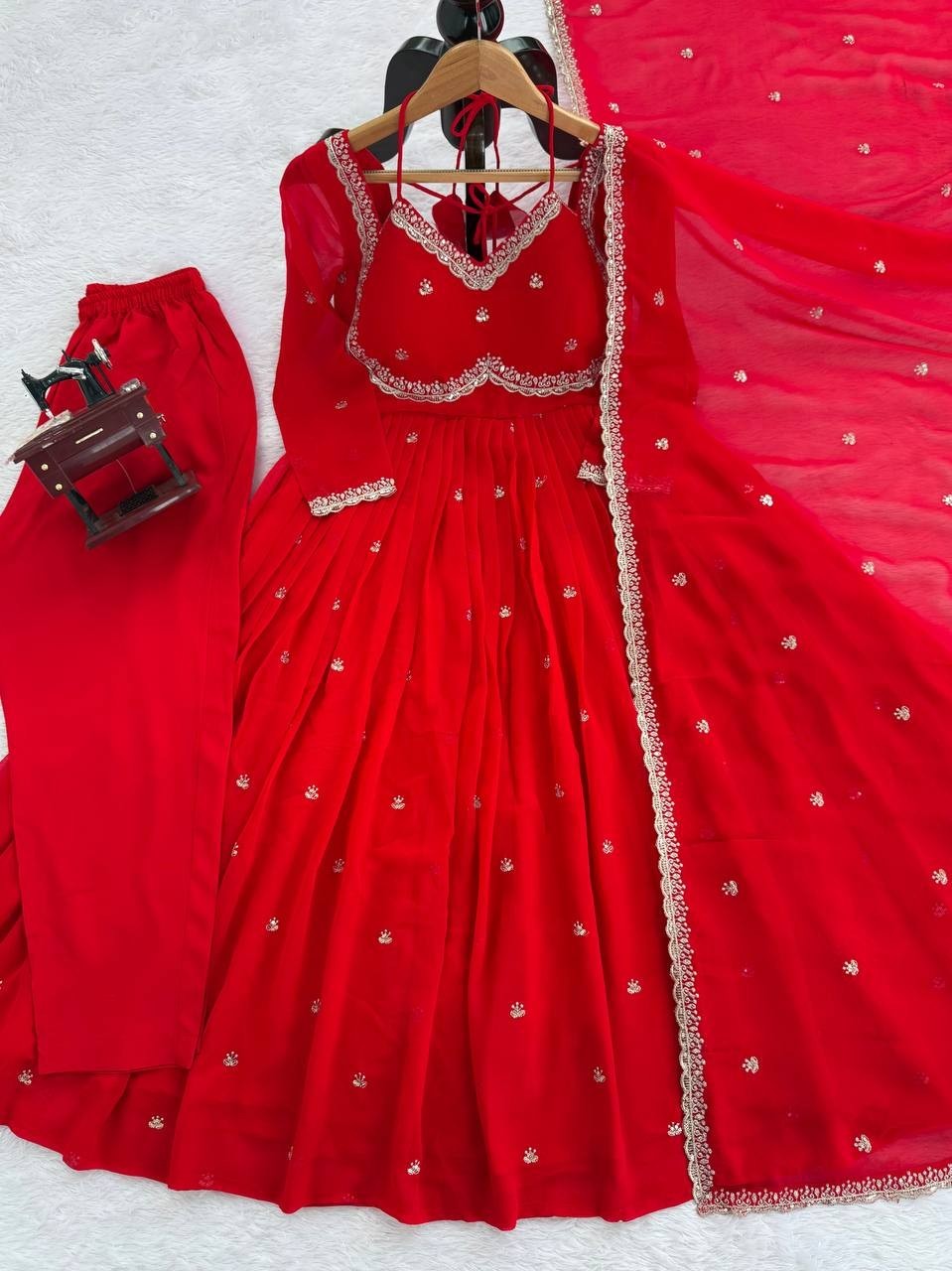 Stylish New Heavy Faux Georgette Gown Bottom With Red Dupatta For Wedding Wear