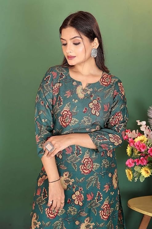 Women Teal Floral Print Wear Kurta With Pant & Dupatta ,Plus Size Salwar Kameez