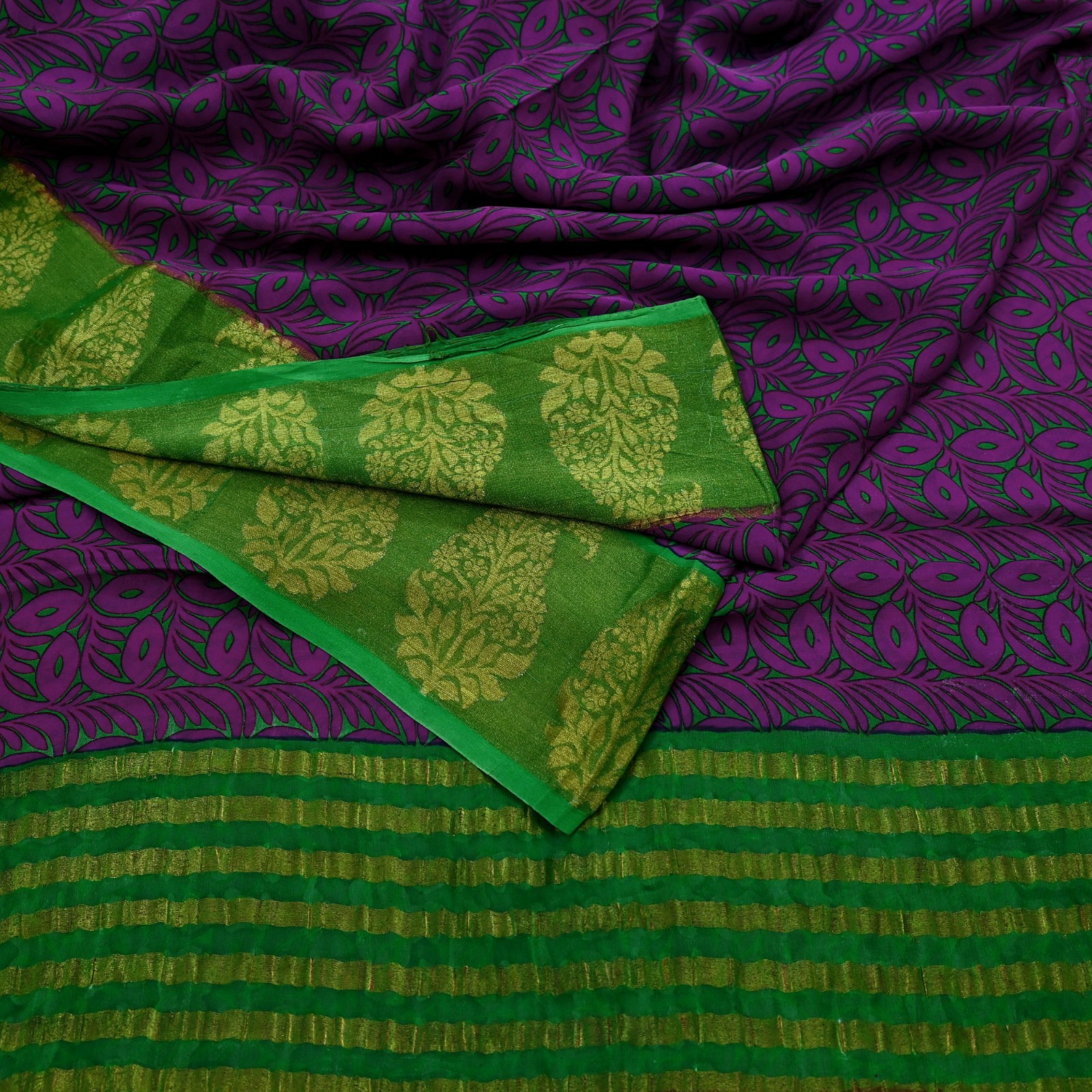 Vintage Sari Purple & Green Pure Georgette Silk Printed Saree Craft Fabric Zari