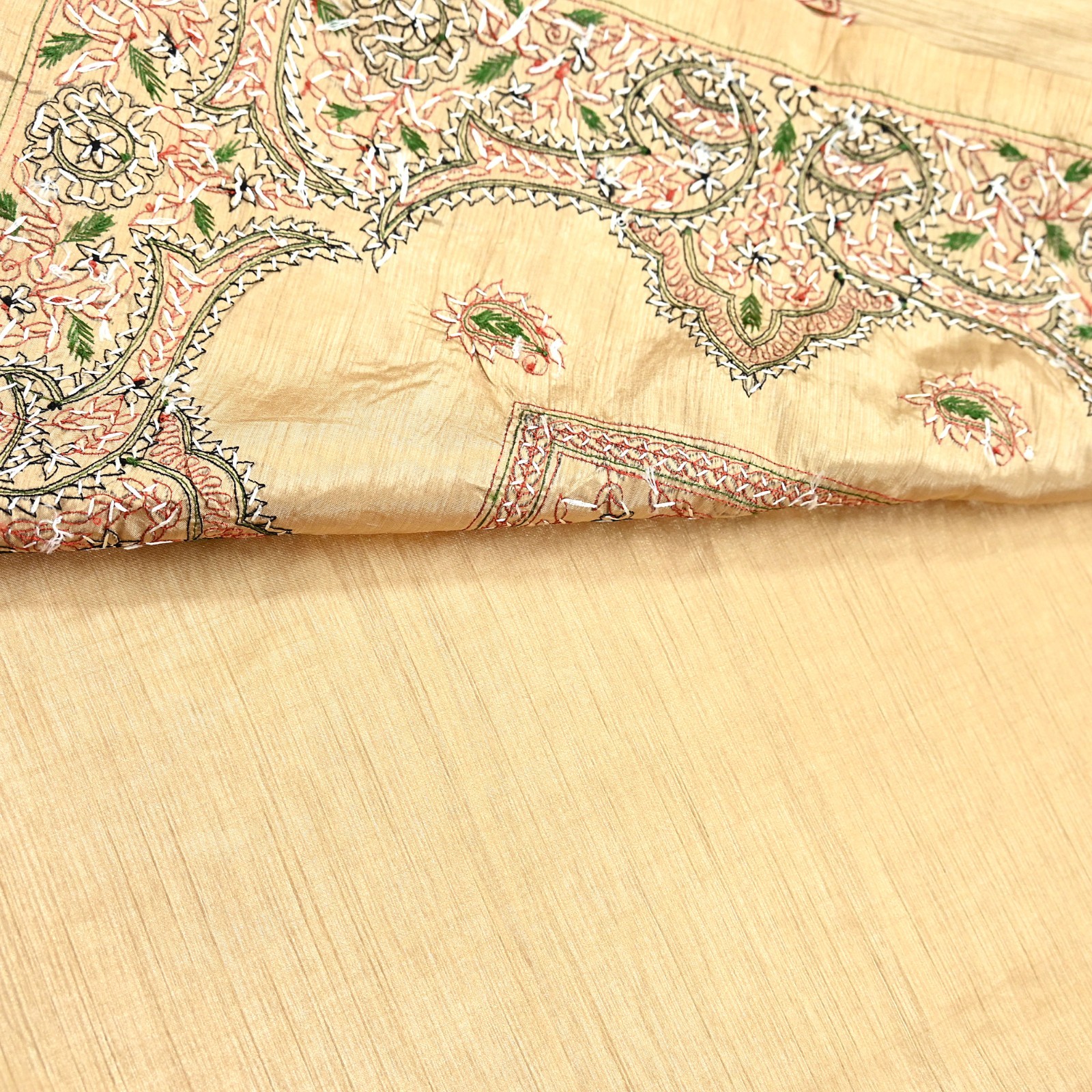 Indian Vintage Sari Beige Artificial Silk Hand Embroidered Sarees Craft Fabric 5