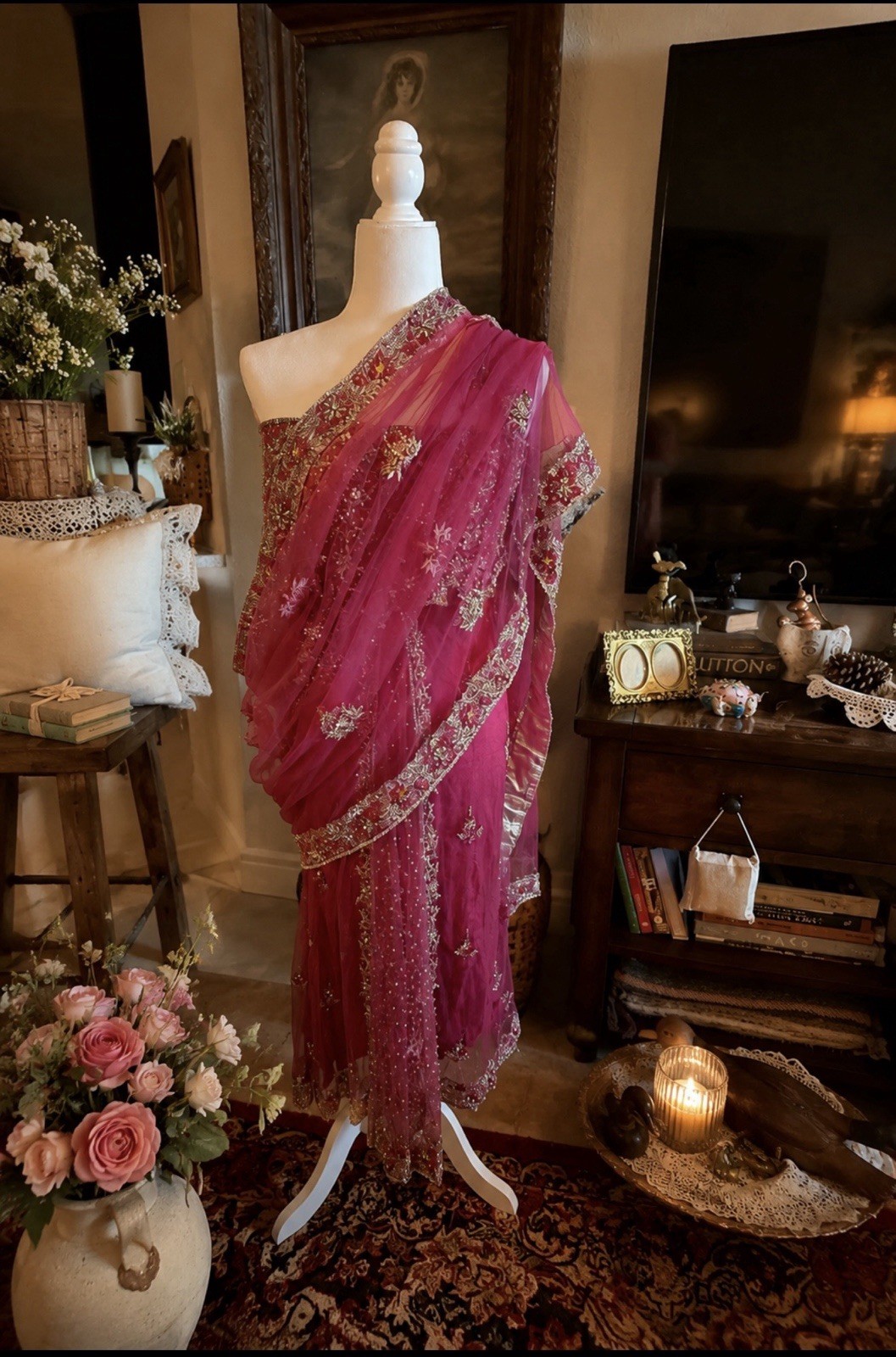 Bollywood Saree Indian Wedding Sequined Embroidered Beaded Pink Sari Eid Ramadan