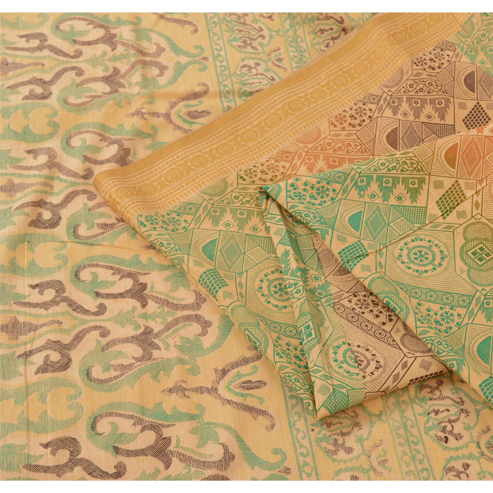 Sanskriti Vintage Indian Ivory Sarees Cotton Silk Printed Ethnic Sari 6Yd Fabric