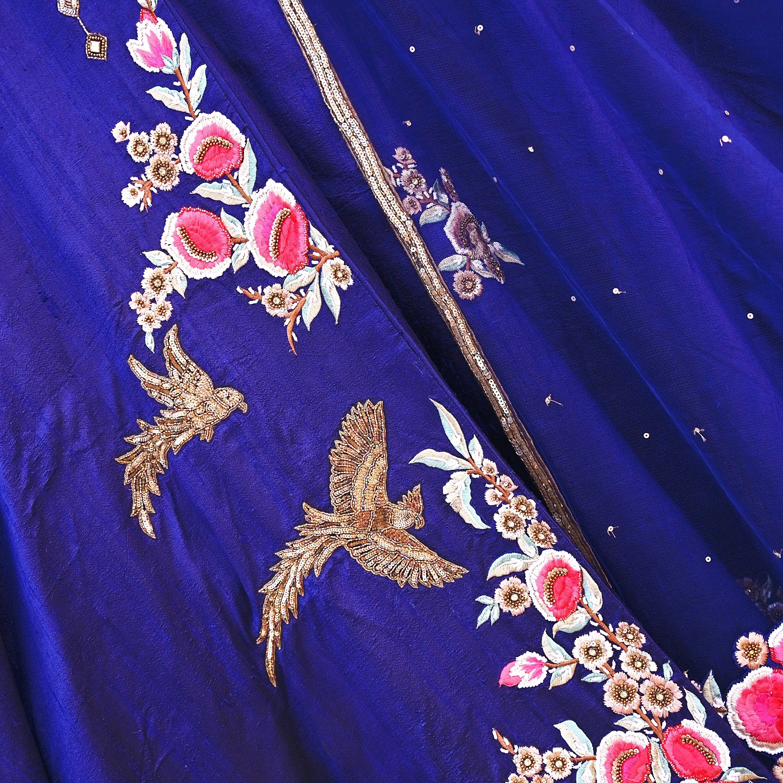 Deep Blue Raw Silk Heavy Hand Embroidered Anamika Khanna Bridal Lehenga 2pcs Set